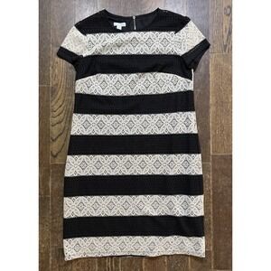 London Times Dress Lace Striped Black White Short Sleeve Size 4 Lined Cute